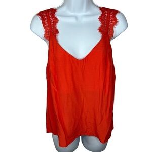 NEW Red Orange Lace Satin Textured Sleeveless Blouse Camisole V Neck Medium